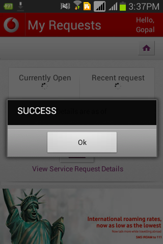 Screen shot of Vodaphone App's My Request screen